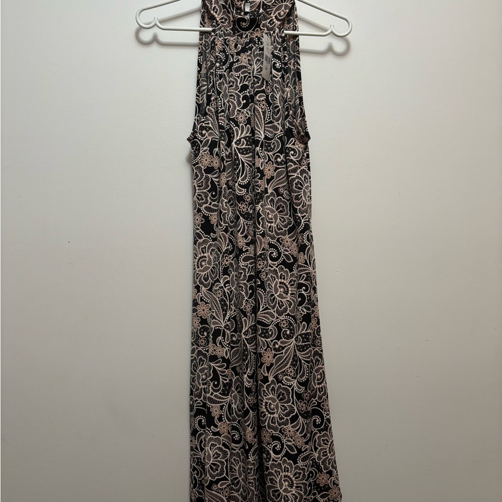 Suzy Shier Black and Cream Floral Midi Dress